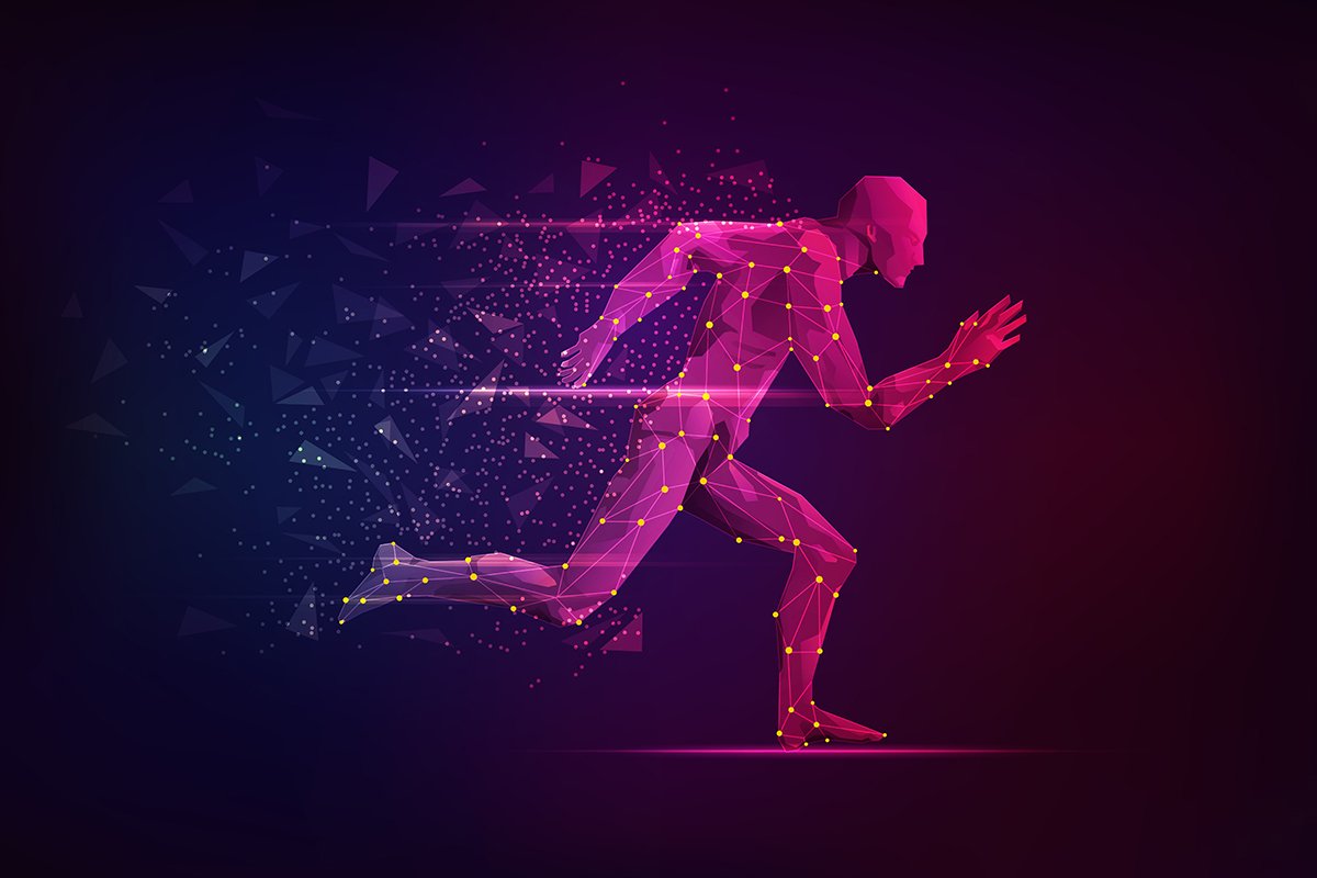 concept of sport science, polygon male athlete running with lighting effect